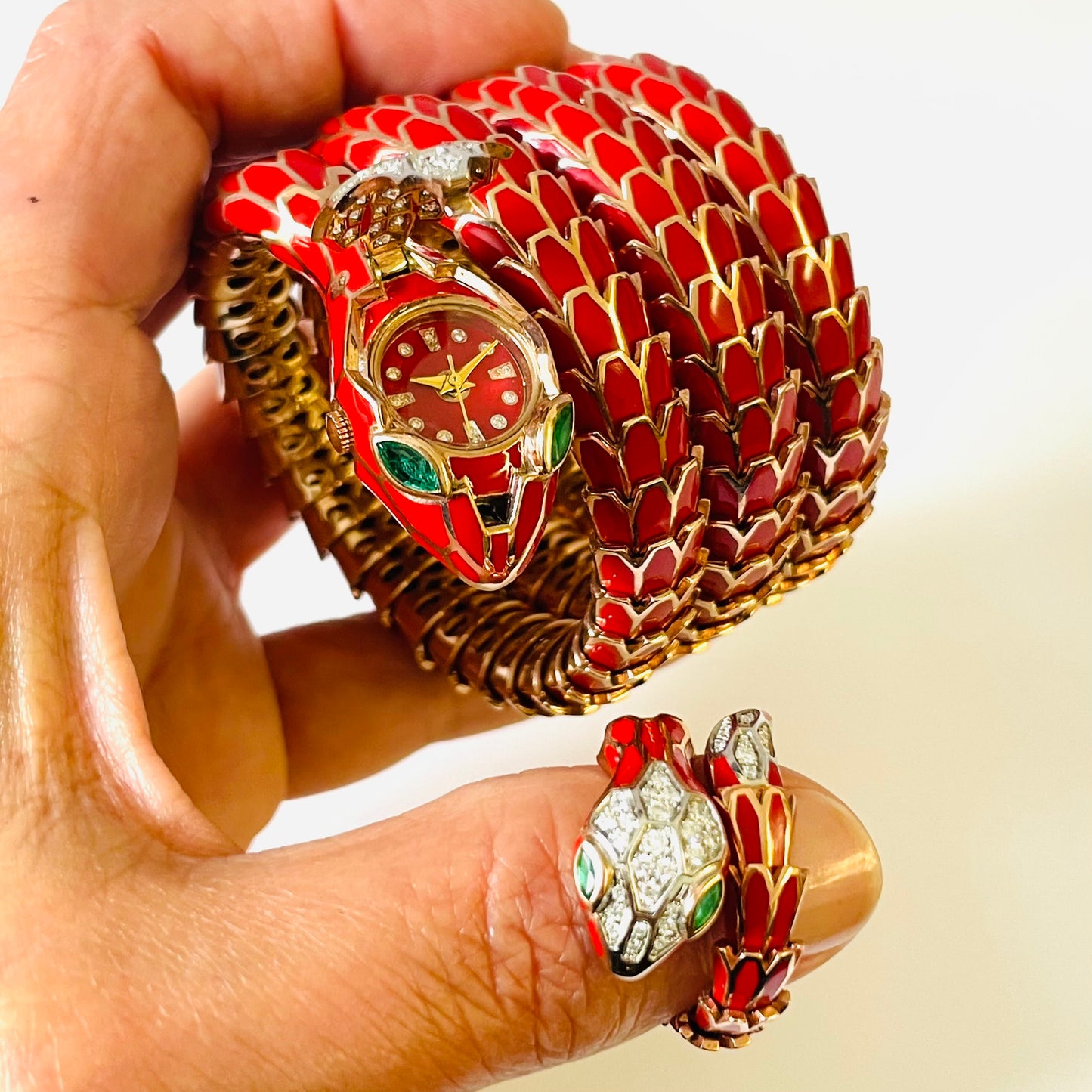 Post-1980s 18KT Rose Gold Enamel, Diamond & Emerald Snake Watch & Ring Set view of watch face