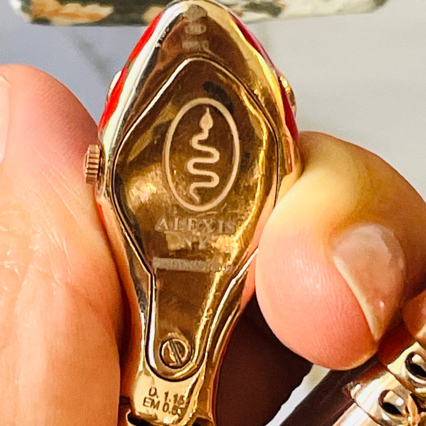 Post-1980s 18KT Rose Gold Enamel, Diamond & Emerald Snake Watch & Ring Set close-up details