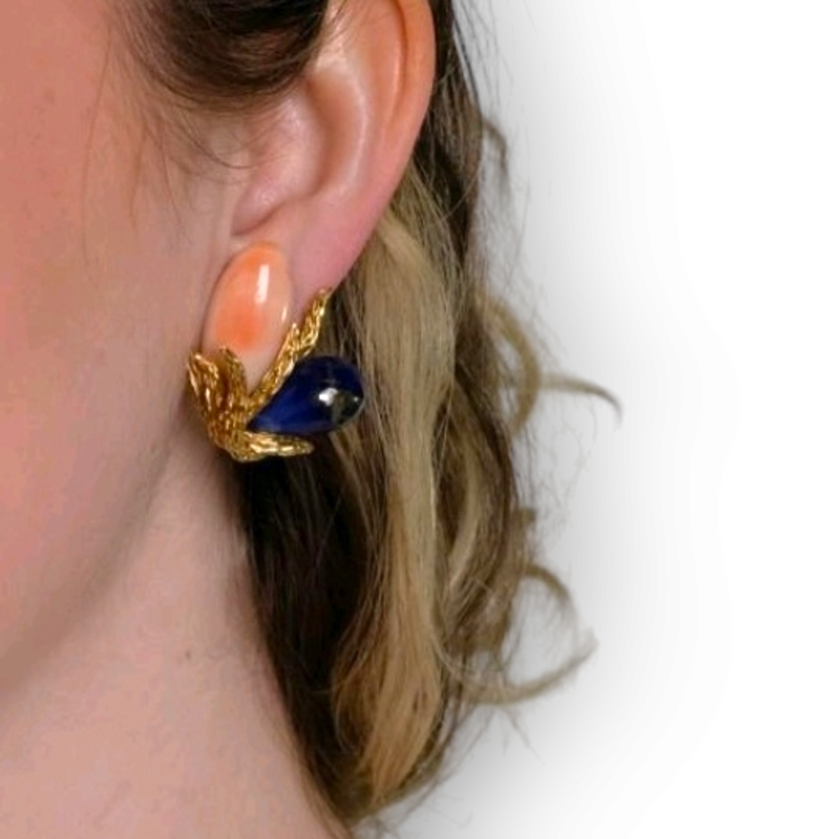 1970s 18KT Yellow Gold Angel Skin Coral & Lapis Lazuli Earrings worn on ear