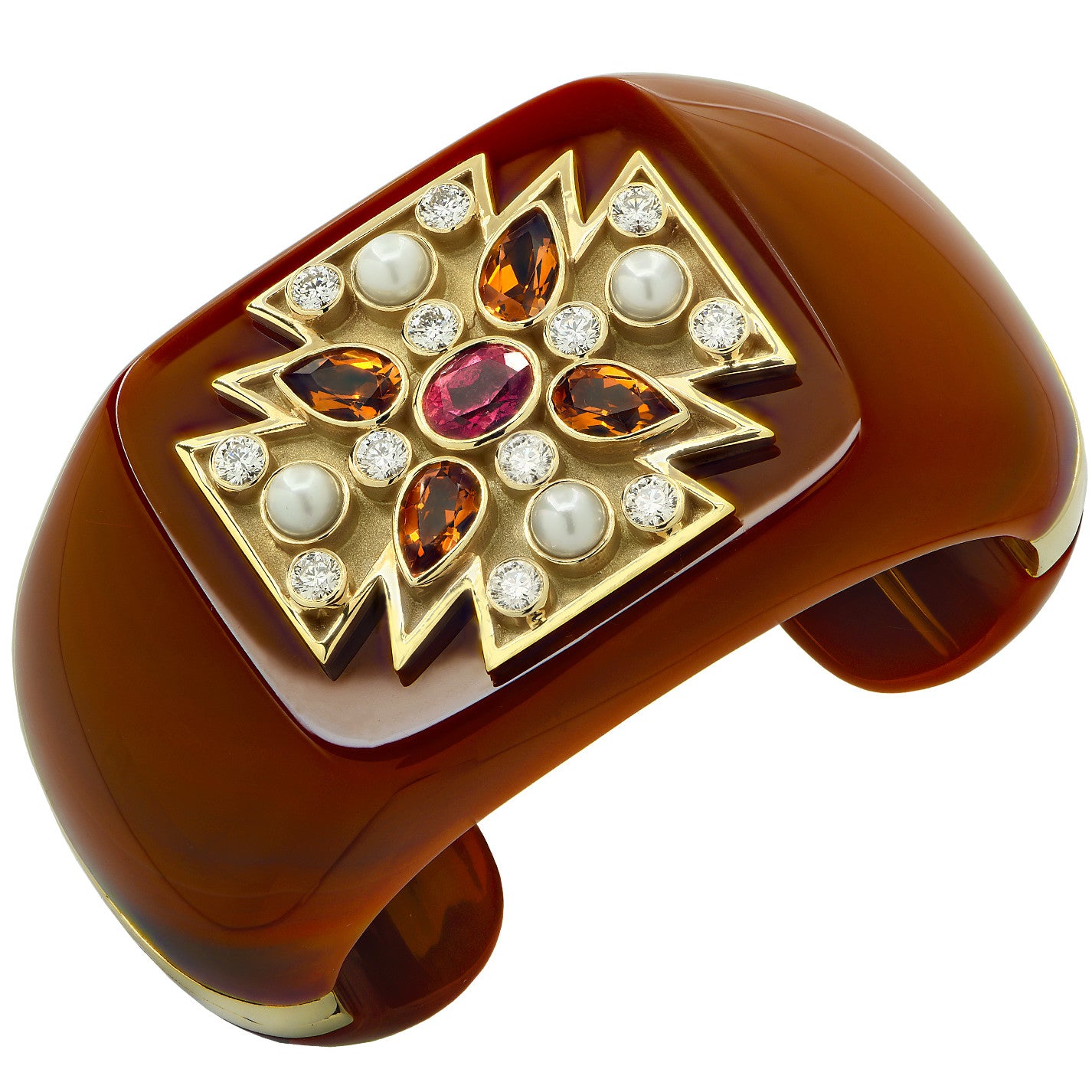 Fulco Di Verdura 1980s 18KT Yellow Gold Agate, Citrine, Diamond & Tourmaline Maltese Cross Cuff Bracelet front view