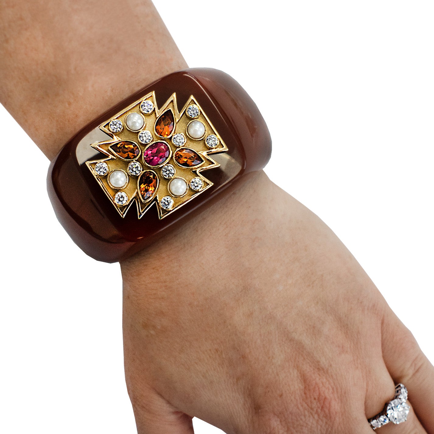 Fulco Di Verdura 1980s 18KT Yellow Gold Agate, Citrine, Diamond & Tourmaline Maltese Cross Cuff Bracelet worn on wrist