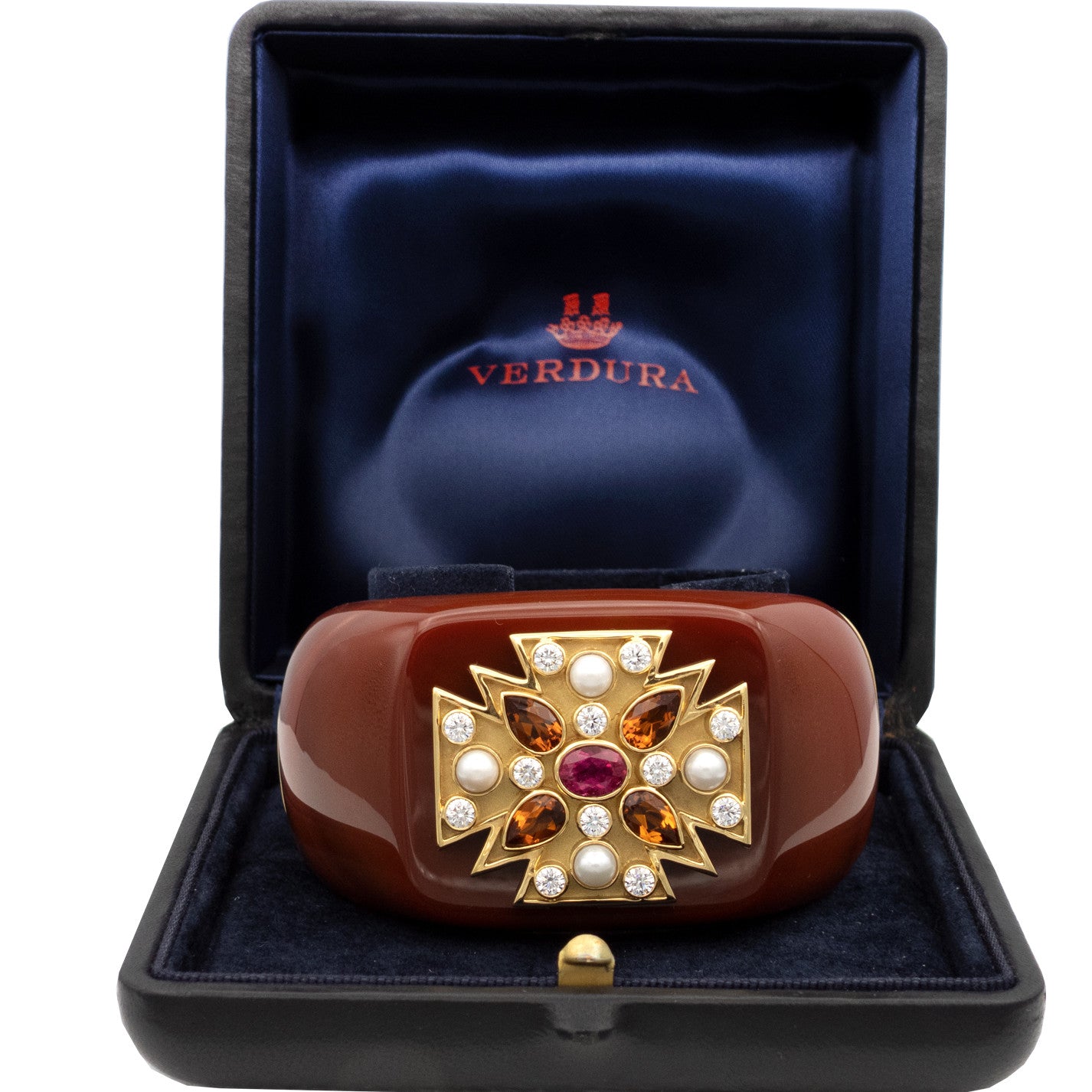 Fulco Di Verdura 1980s 18KT Yellow Gold Agate, Citrine, Diamond & Tourmaline Maltese Cross Cuff Bracelet in jewelry box