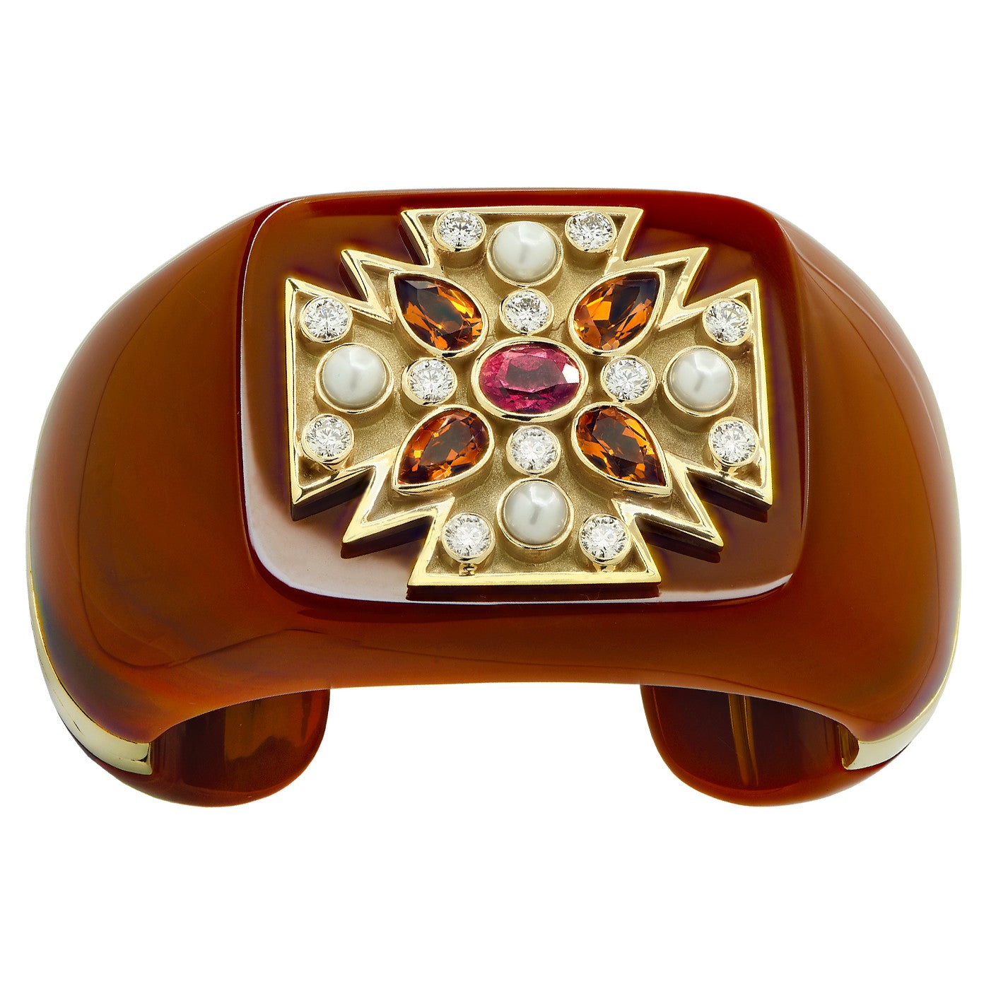Fulco Di Verdura 1980s 18KT Yellow Gold Agate, Citrine, Diamond & Tourmaline Maltese Cross Cuff Bracelet front view