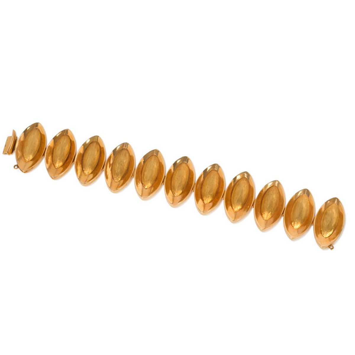 Italian 1960s 18KT Yellow Gold Navette Link Florentine Finish Bracelet front view