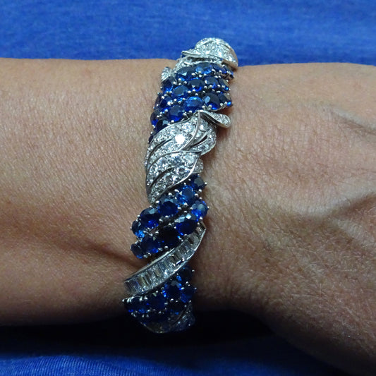 1940s Platinum Diamond & Blue Sapphire Bracelet on wrist