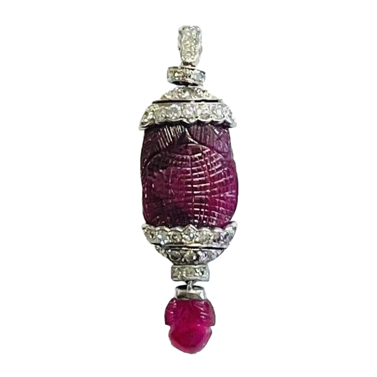 French Art Deco Platinum Unheated Burma Ruby & Diamond Pendant front