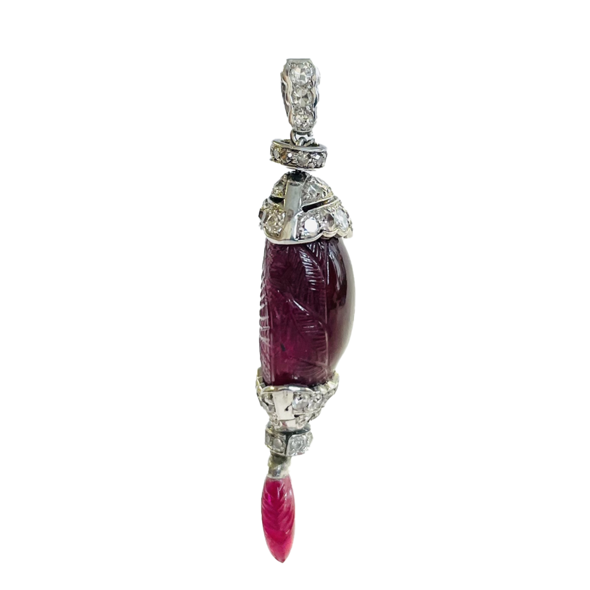 French Art Deco Platinum Unheated Burma Ruby & Diamond Pendant side