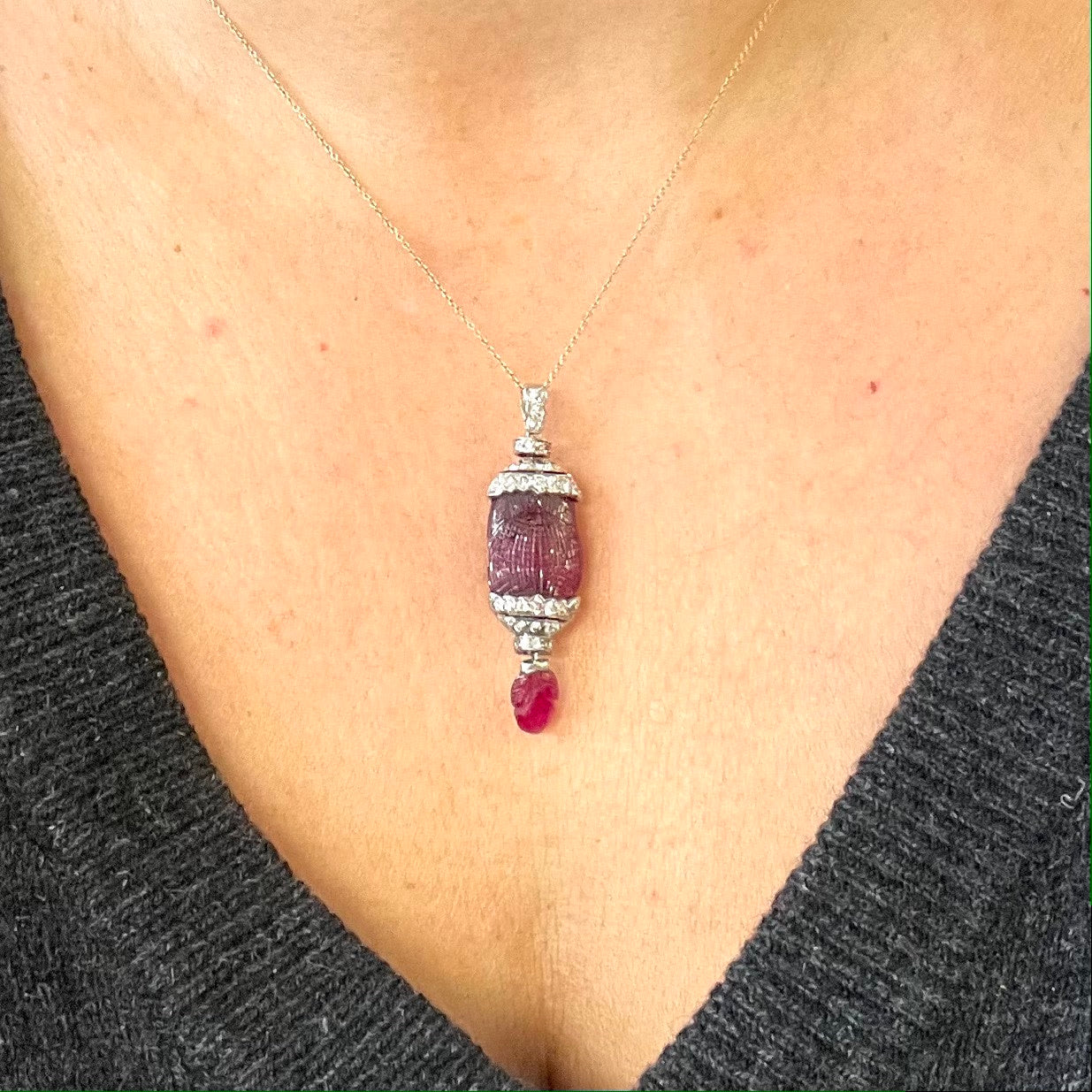 French Art Deco Platinum Unheated Burma Ruby & Diamond Pendant worn on neck