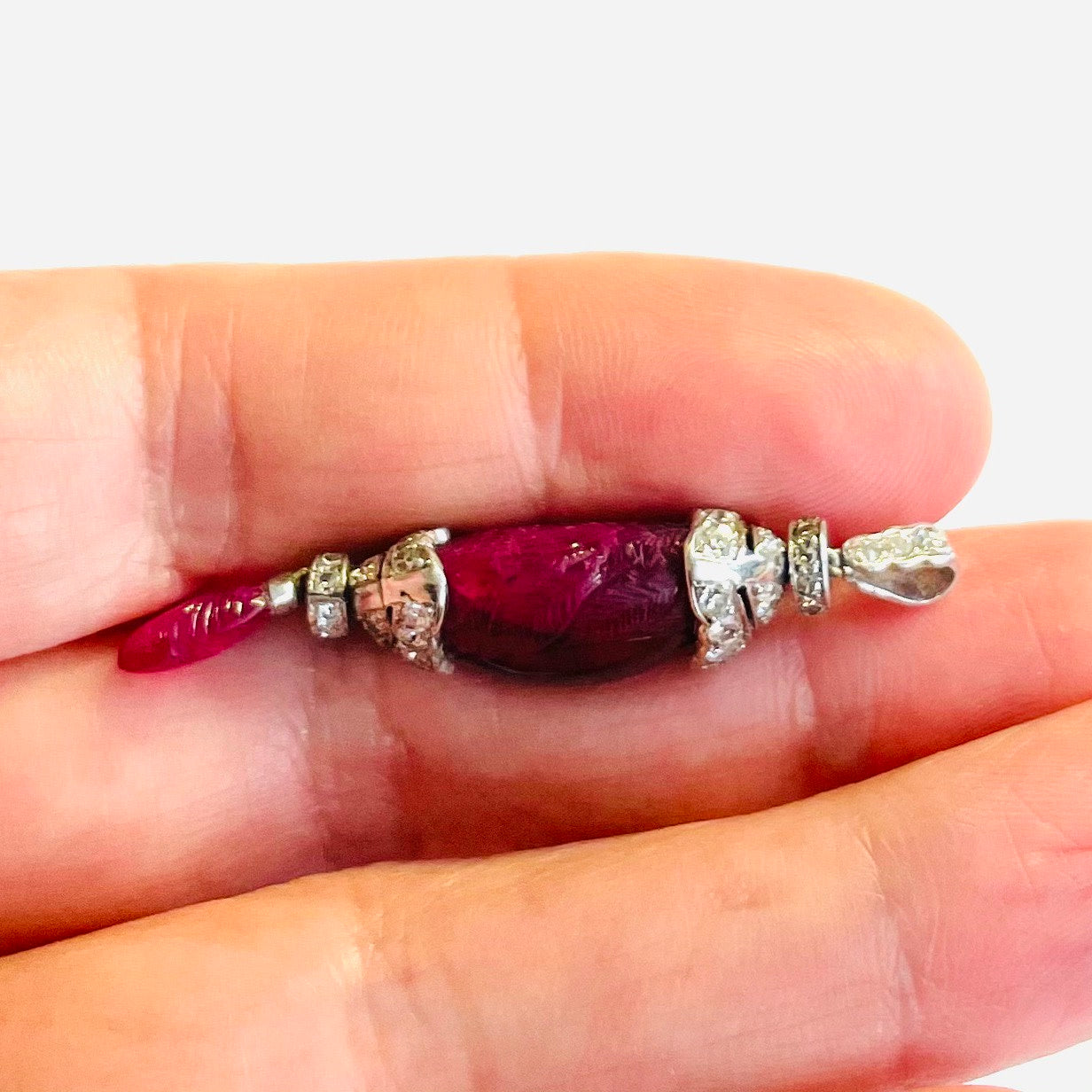 French Art Deco Platinum Unheated Burma Ruby & Diamond Pendant in hand