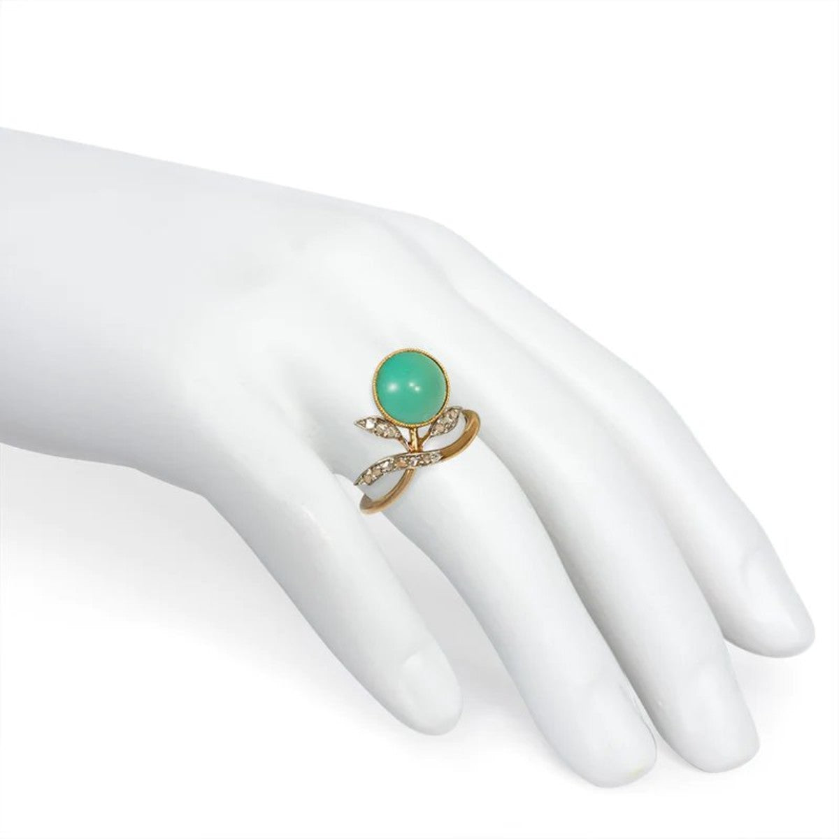 Art Nouveau 18KT Yellow Gold Turquoise & Diamond Floral Motif Ring on finger