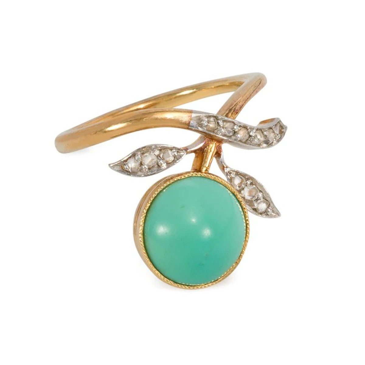 Art Nouveau 18KT Yellow Gold Turquoise & Diamond Floral Motif Ring front