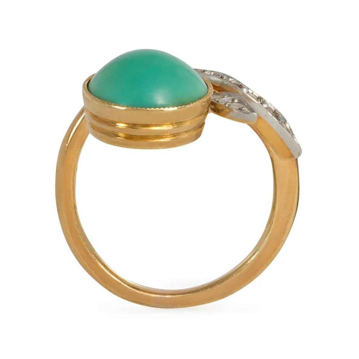 Art Nouveau 18KT Yellow Gold Turquoise & Diamond Floral Motif Ring profile