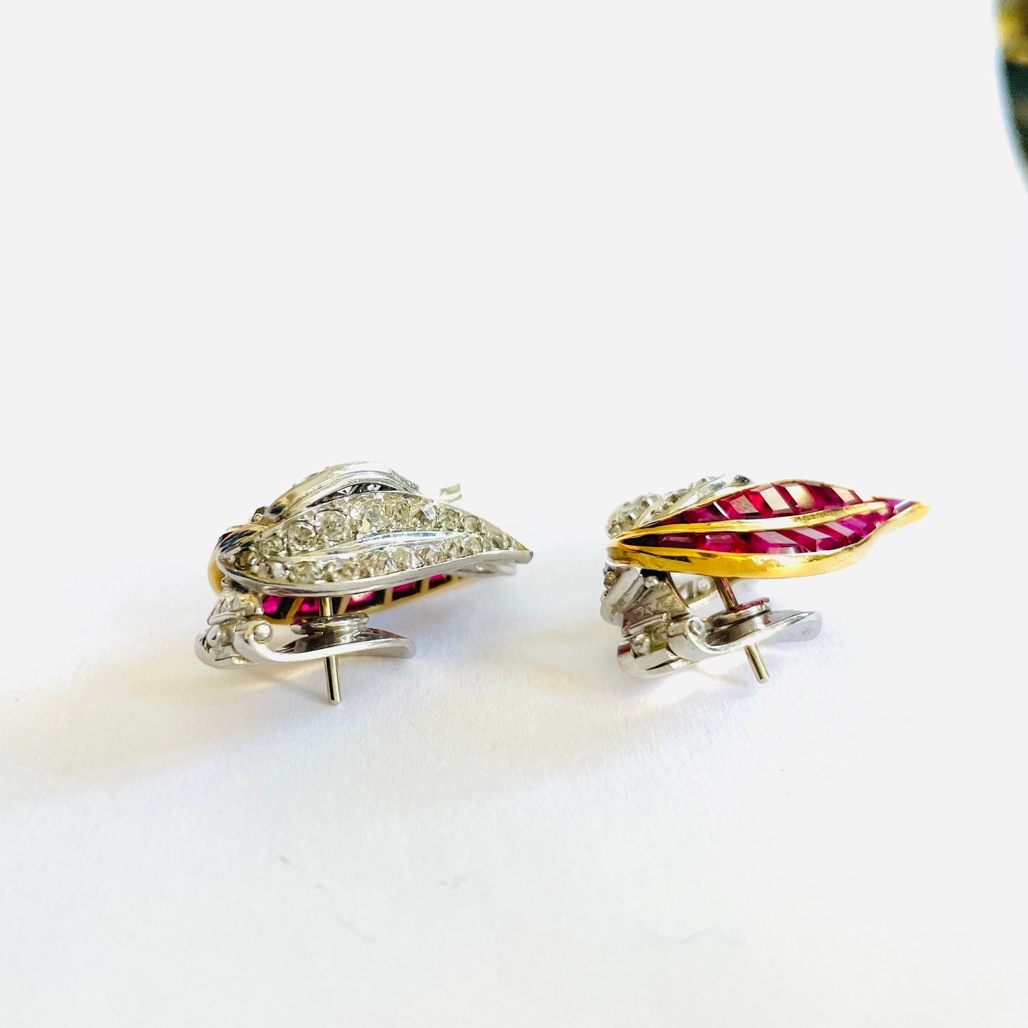 Rene Boivin French 1960s Platinum & 18KT Yellow Gold Diamond & Ruby Earrings side