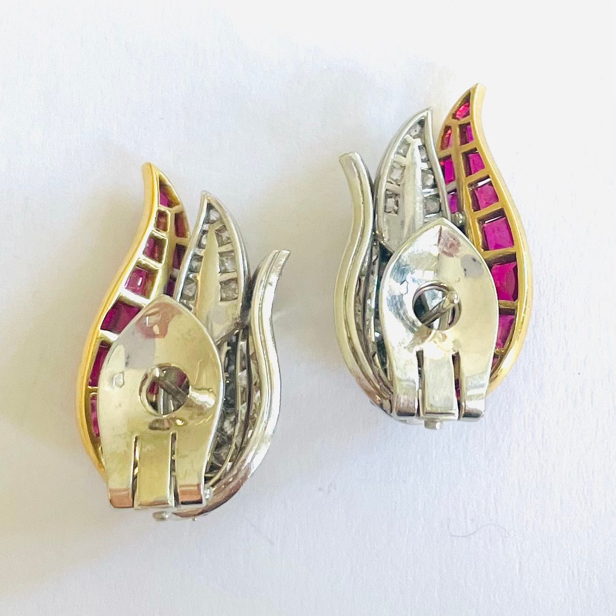 Rene Boivin French 1960s Platinum & 18KT Yellow Gold Diamond & Ruby Earrings back