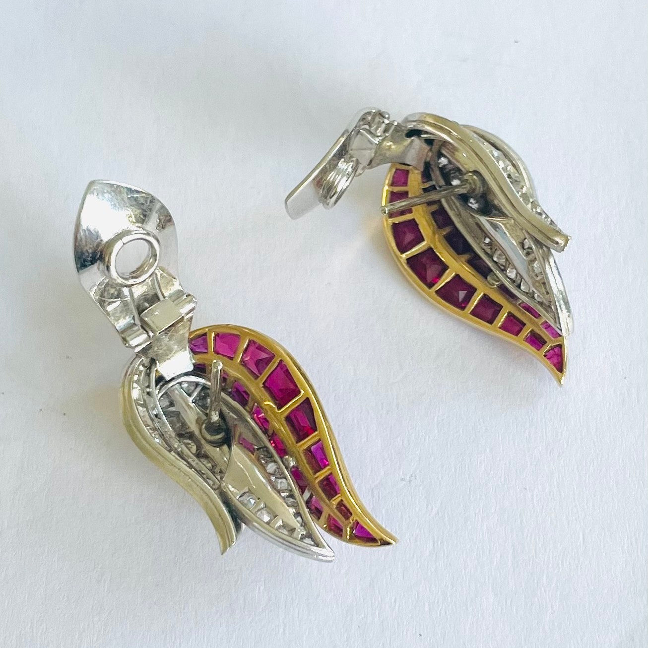 Rene Boivin French 1960s Platinum & 18KT Yellow Gold Diamond & Ruby Earrings back