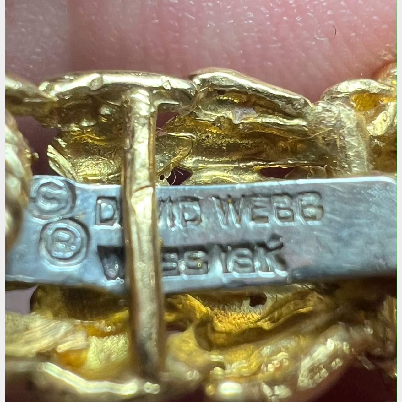 David Webb Post-1980s 18KT Yellow Gold Earrings close-up of signature