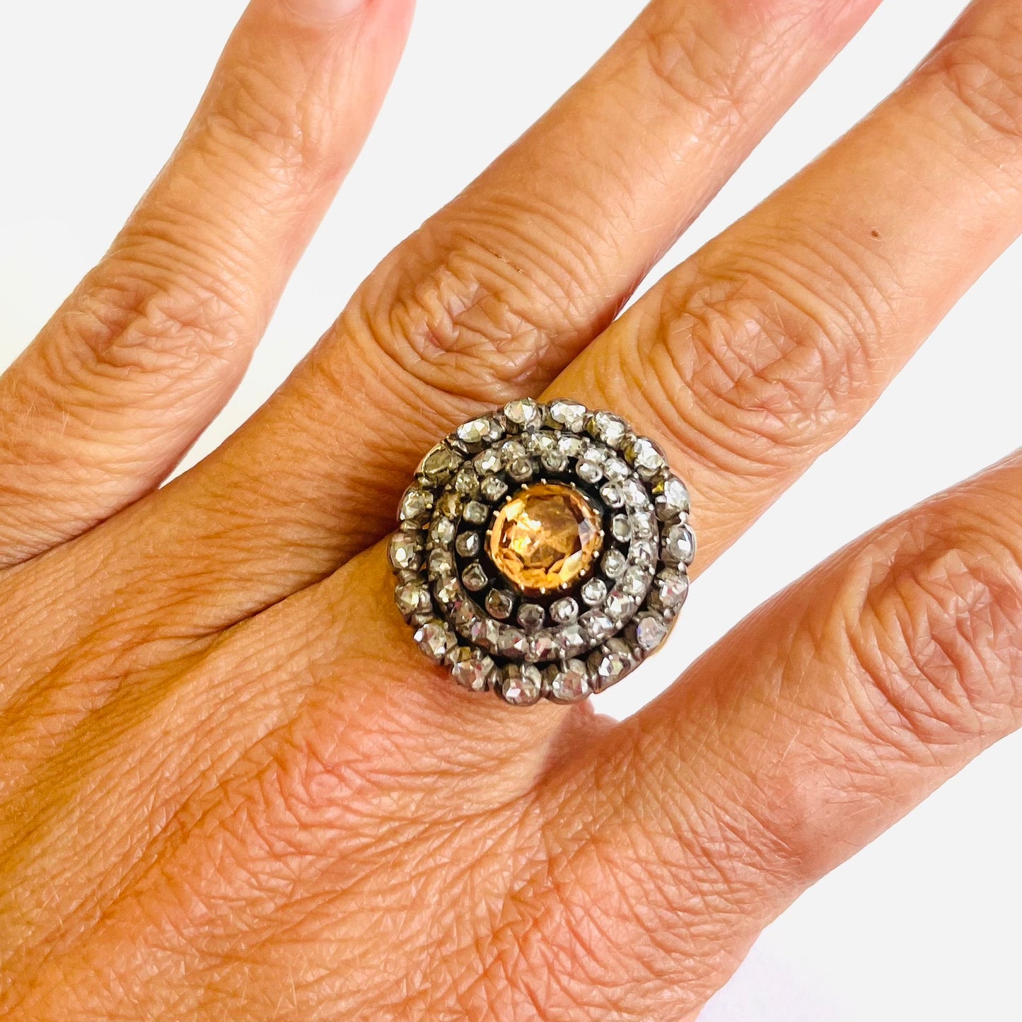 Antique Silver & 14KT Rose Gold Diamond & Imperial Topaz Ring worn on hand