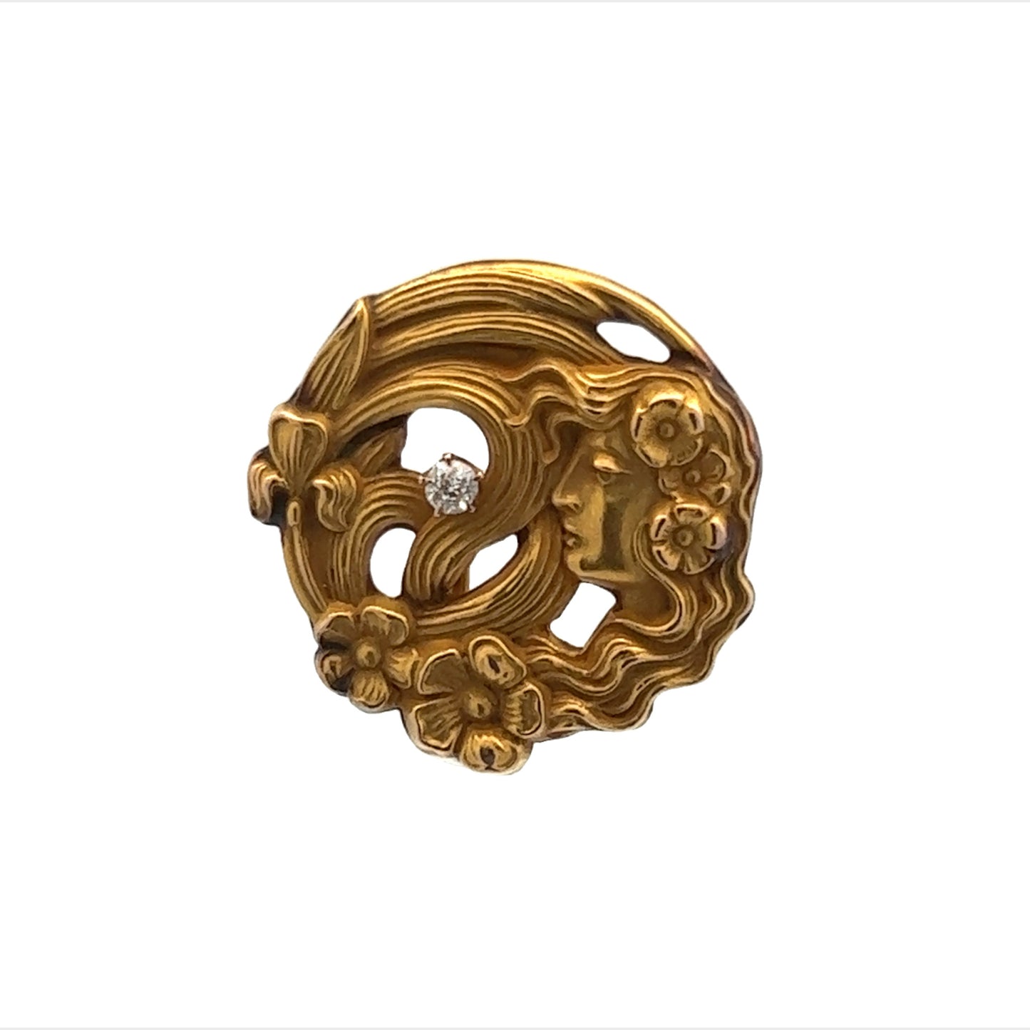Art Nouveau 14KT Yellow Gold & Diamond Brooch front view
