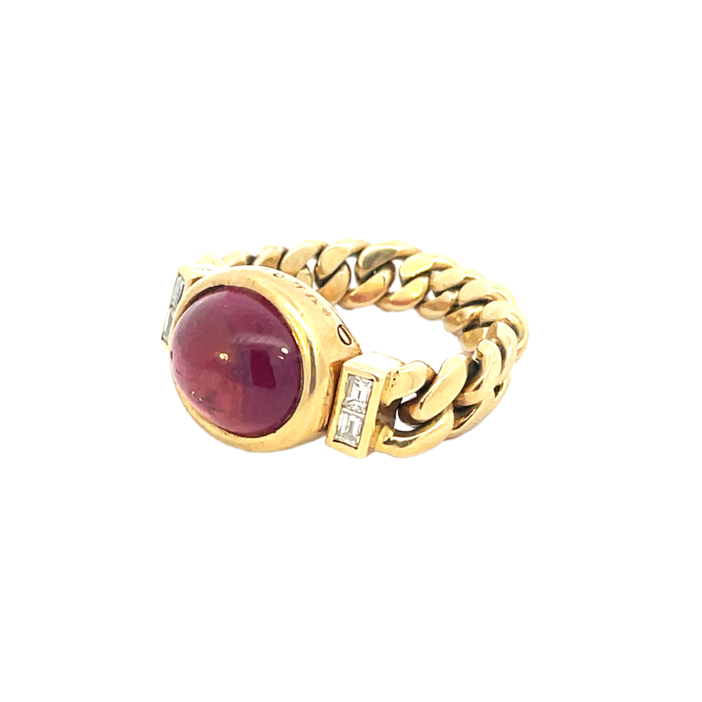 Bulgari 1970s 18KT Yellow Gold Pink Tourmaline & Diamond Ring front and side