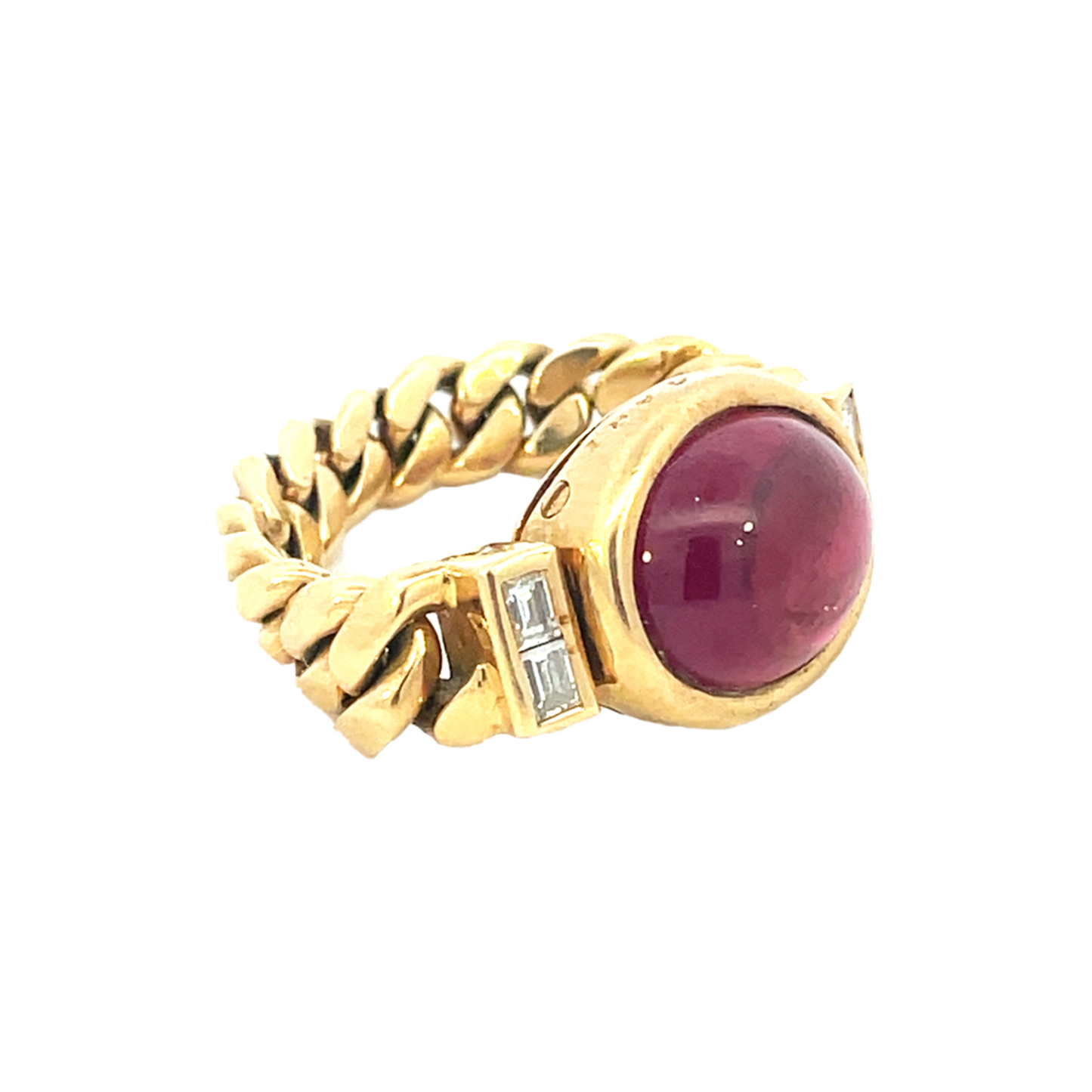 Bulgari 1970s 18KT Yellow Gold Pink Tourmaline & Diamond Ring front and side