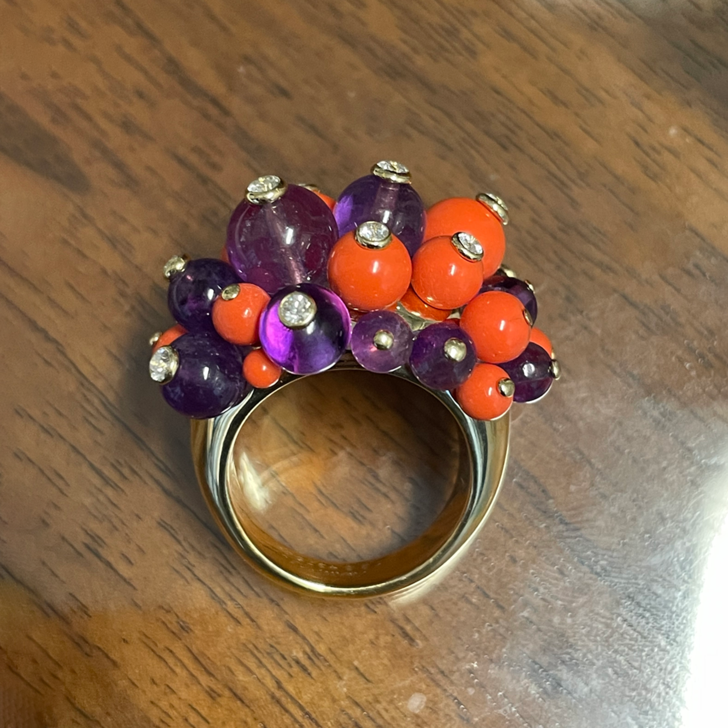 Cartier France 1970s 18KT Yellow Gold Coral, Amethyst & Diamond Pom-Pom Ring profile