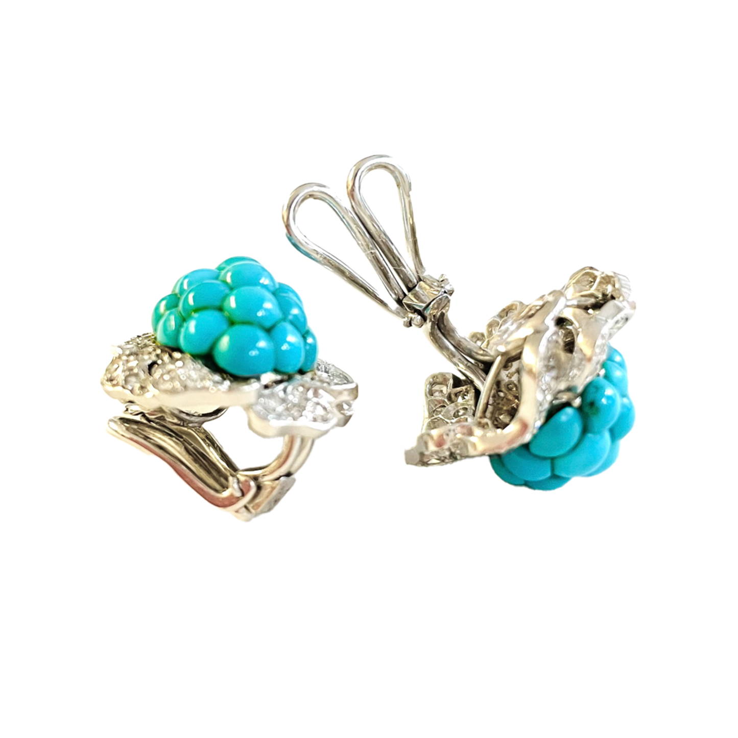 Wilm German 1950s Platinum Turquoise & Diamond Cluster Earrings side and back view
