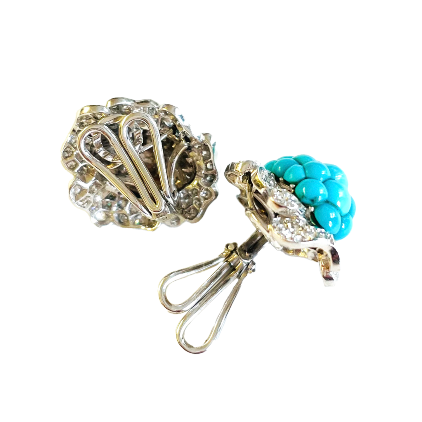 Wilm German 1950s Platinum Turquoise & Diamond Cluster Earrings side and back view
