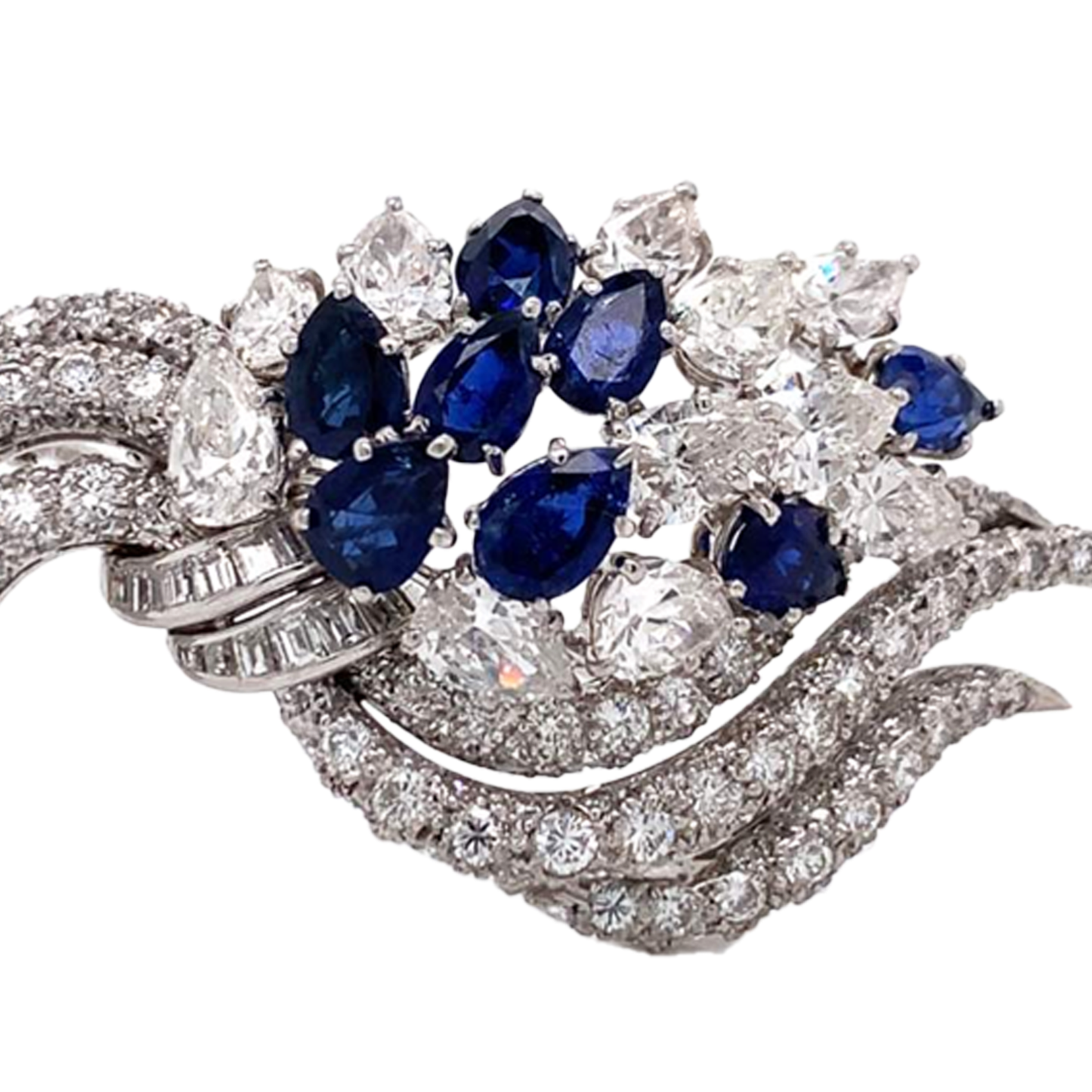 1950s Platinum Diamond & Sapphire Brooch close-up details