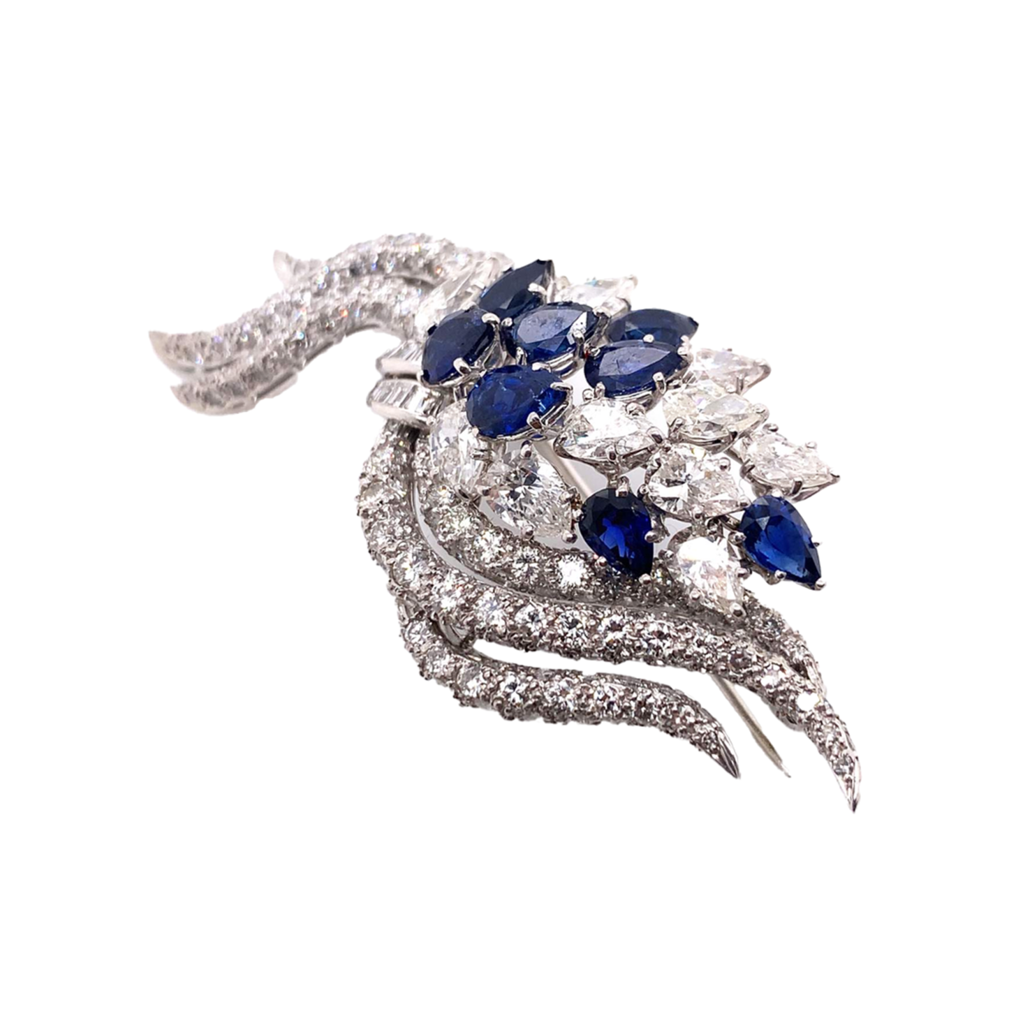 1950s Platinum Diamond & Sapphire Brooch front/side