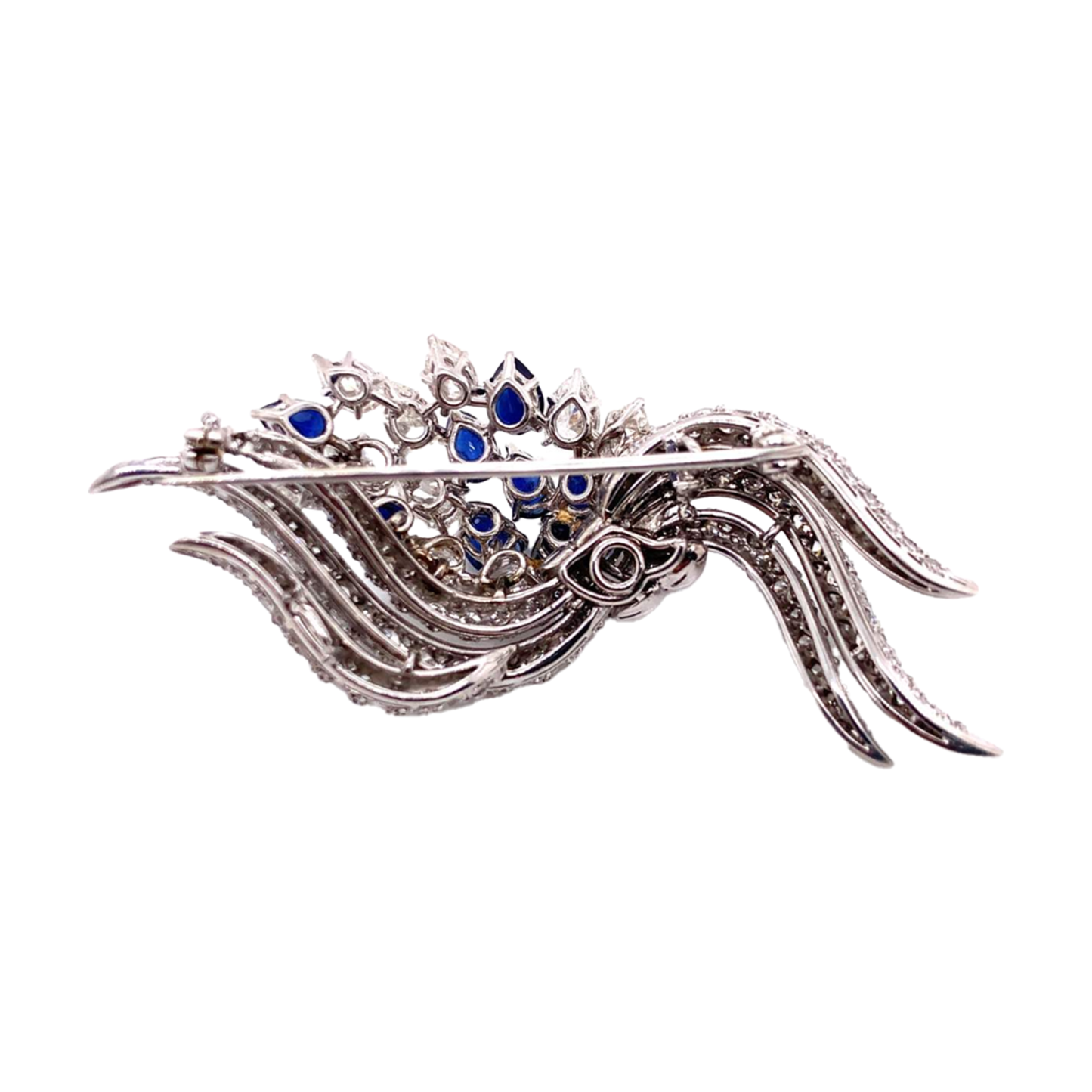1950s Platinum Diamond & Sapphire Brooch back