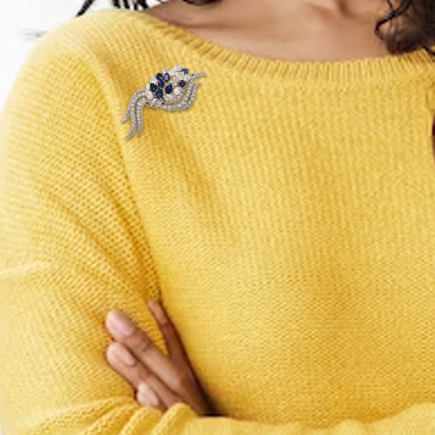 1950s Platinum Diamond & Sapphire Brooch worn on sweater