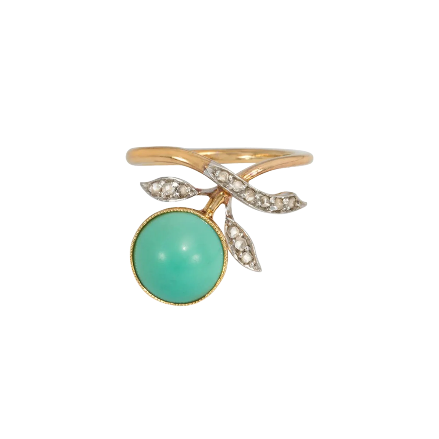 Art Nouveau 18KT Yellow Gold Turquoise & Diamond Floral Motif Ring front