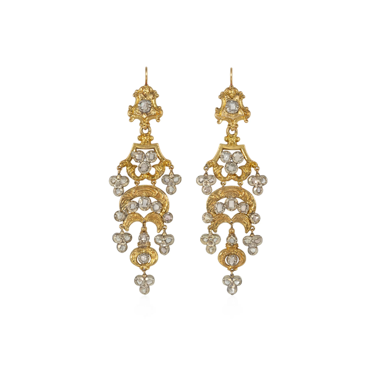 Victorian Silver & 14KT Yellow Gold Diamond Chandelier Earrings front