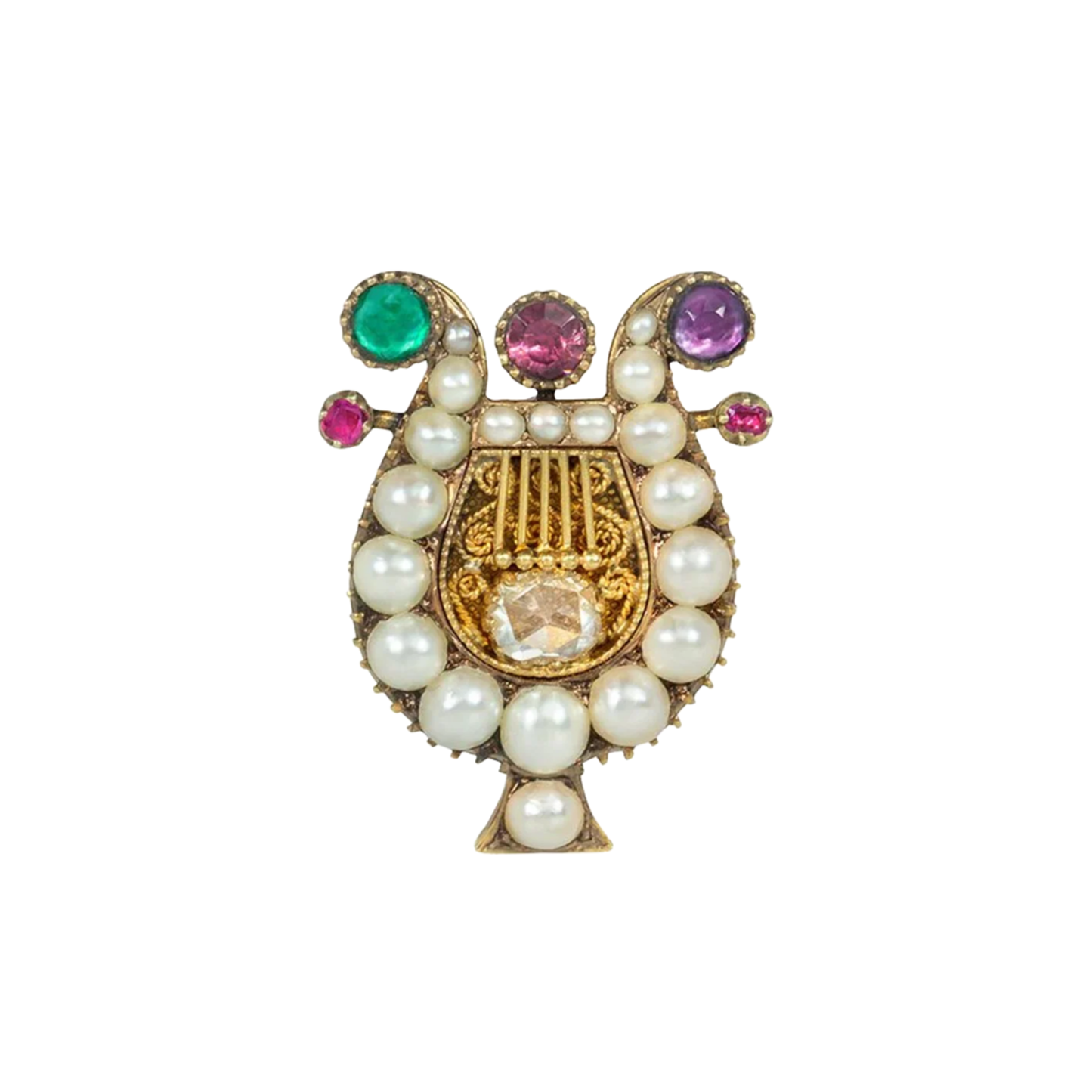 Georgian Ruby, Emerald, Garnet, Amethyst, Diamond & Natural Pearl REGARD Brooch front