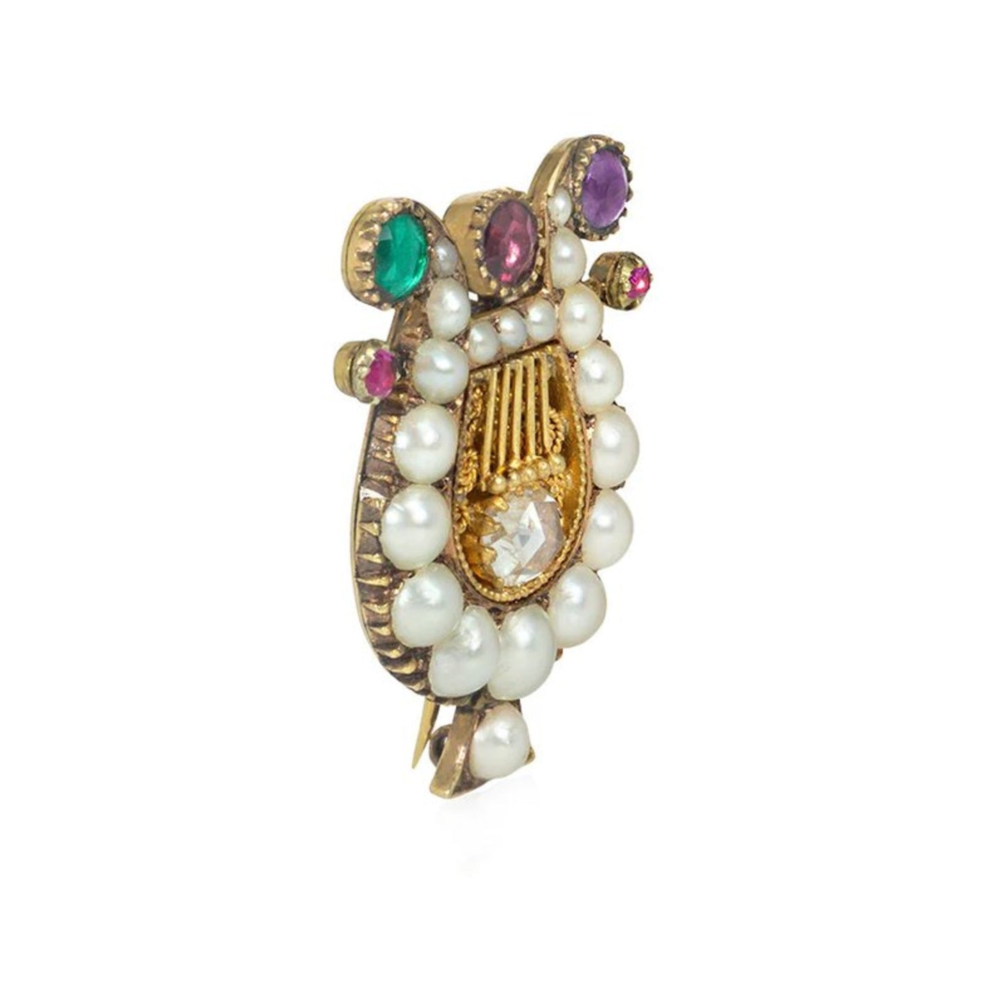 Georgian Ruby, Emerald, Garnet, Amethyst, Diamond & Natural Pearl REGARD Brooch side