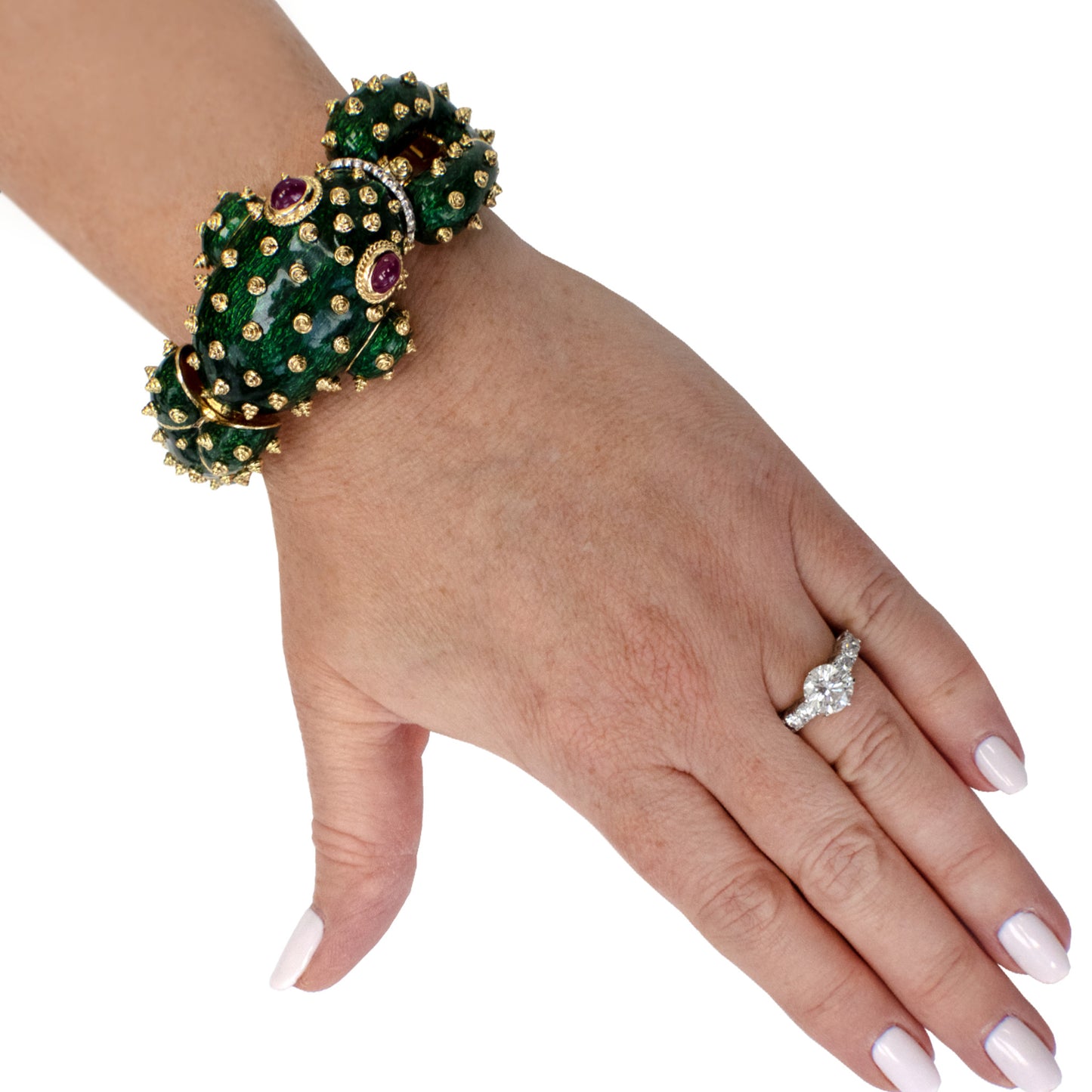 1980s 18KT Yellow Gold Ruby, Diamond & Enamel Frog Bracelet worn on wrist