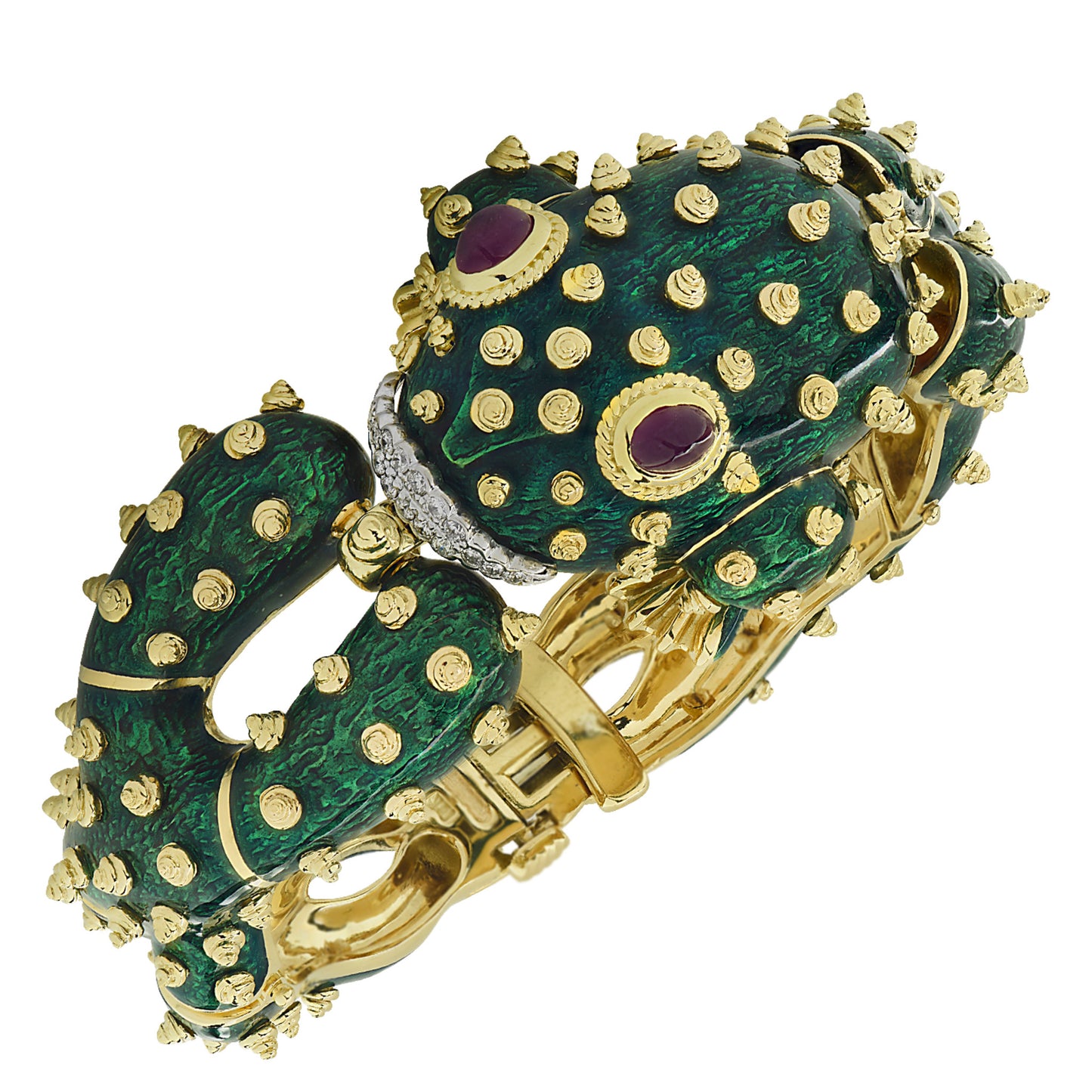 1980s 18KT Yellow Gold Ruby, Diamond & Enamel Frog Bracelet front