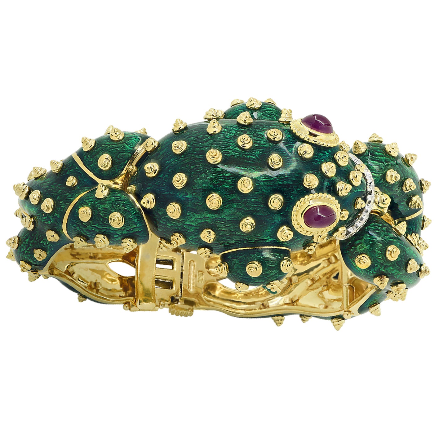 1980s 18KT Yellow Gold Ruby, Diamond & Enamel Frog Bracelet front