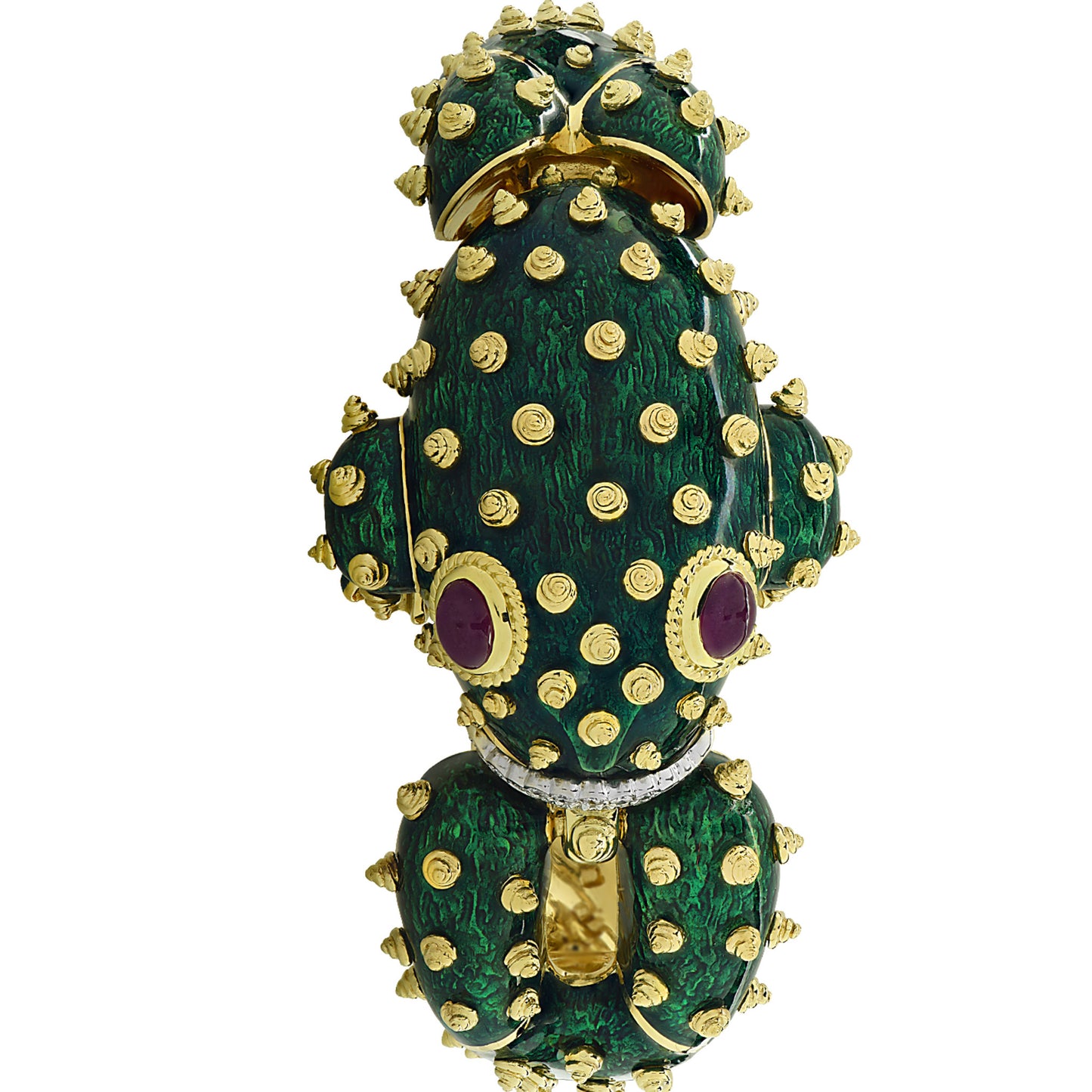 1980s 18KT Yellow Gold Ruby, Diamond & Enamel Frog Bracelet front