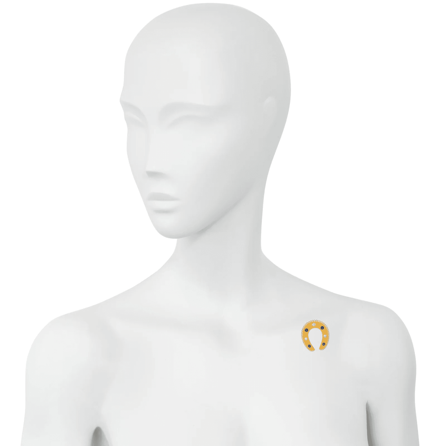 French Victorian 18KT Yellow Gold Sapphire & Diamond Horseshoe Brooch on shoulder
