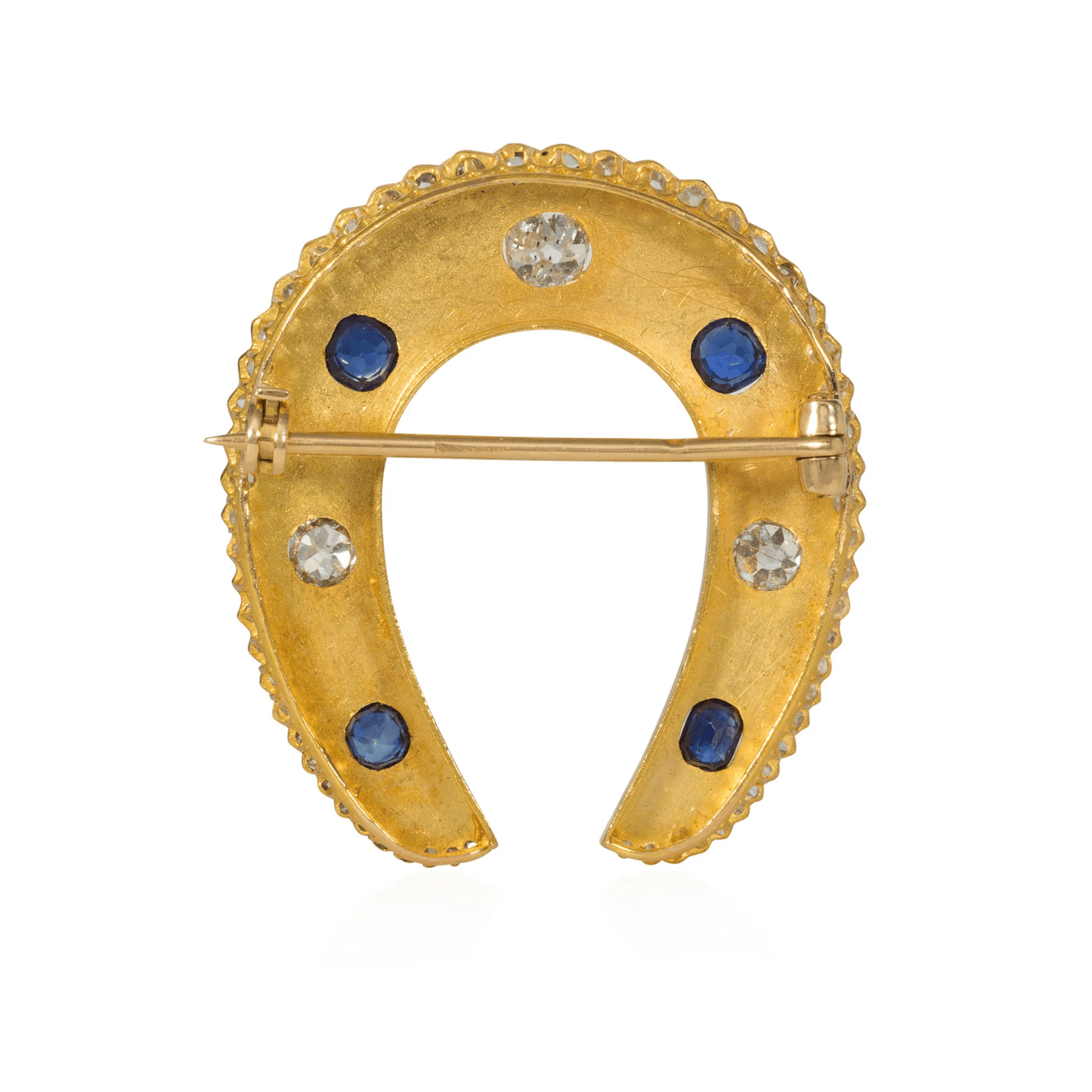 French Victorian 18KT Yellow Gold Sapphire & Diamond Horseshoe Brooch back