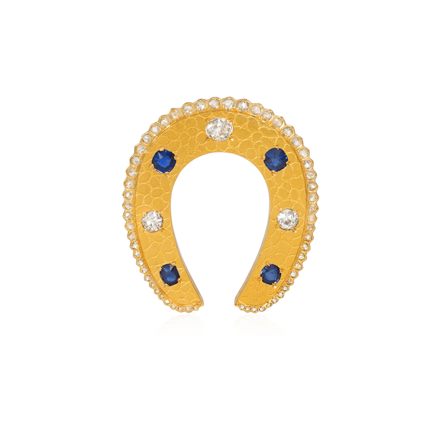 French Victorian 18KT Yellow Gold Sapphire & Diamond Horseshoe Brooch front