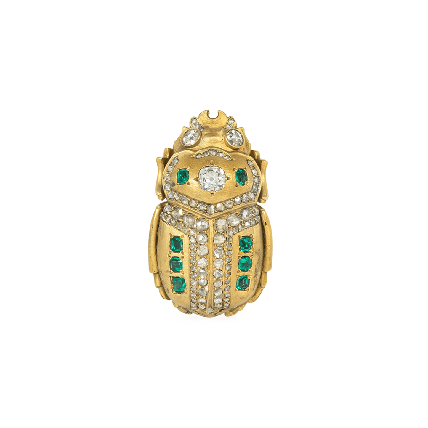 Antique Egyptian Revival 18KT Yellow Gold Diamond & Emerald Scarab Pendant/Brooch front