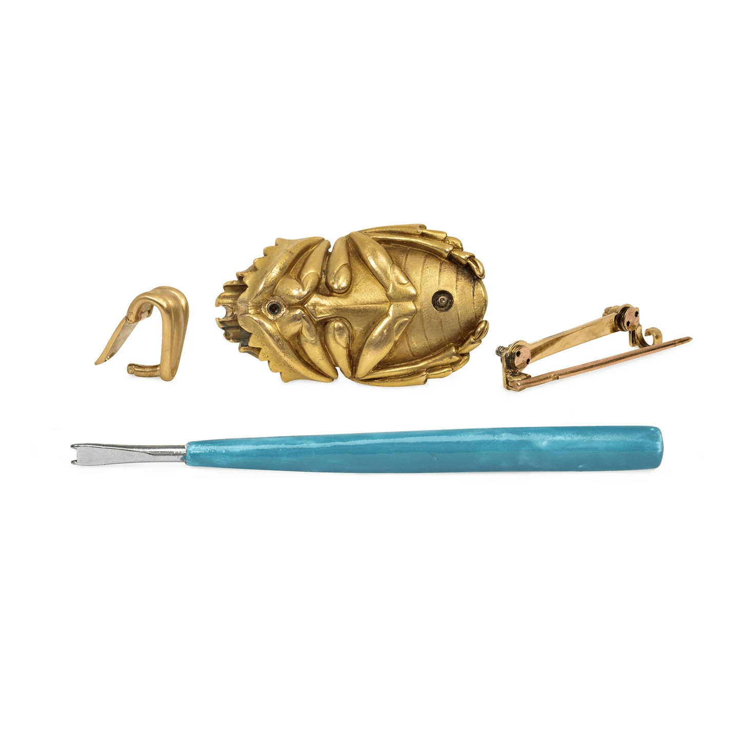Antique Egyptian Revival 18KT Yellow Gold Diamond & Emerald Scarab Pendant/Brooch disassembled