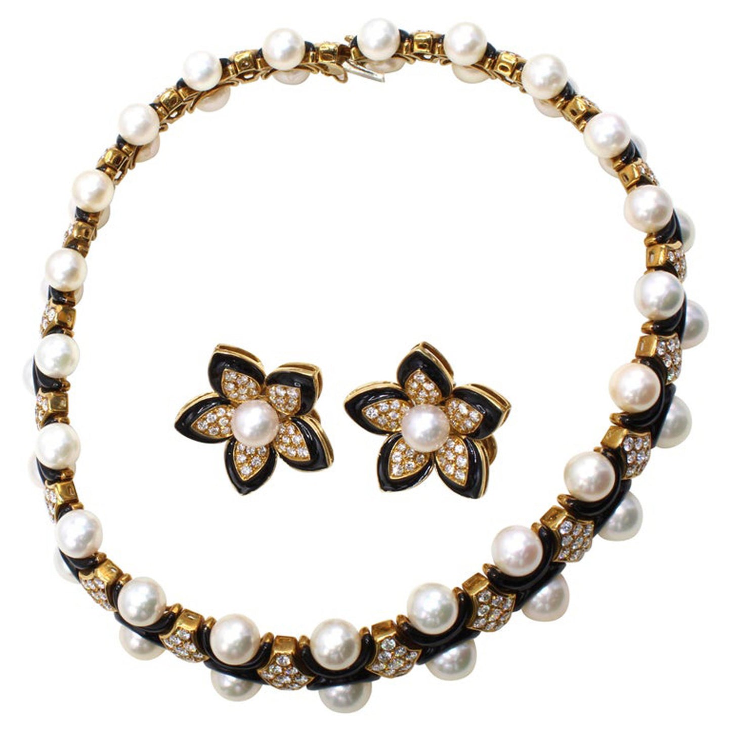 1980s 18KT Rose Gold Cultured Pearl, Diamond & Enamel Earring & Necklace Set front