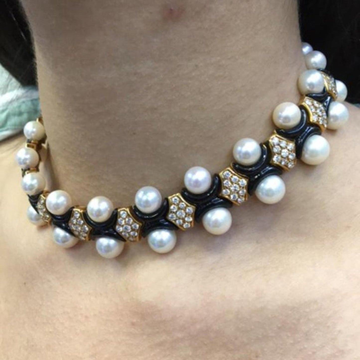 1980s 18KT Rose Gold Cultured Pearl, Diamond & Enamel Earring & Necklace Set worn on neck