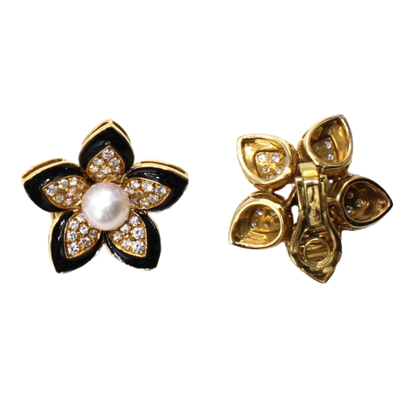 1980s 18KT Rose Gold Cultured Pearl, Diamond & Enamel Earring & Necklace Set front and back