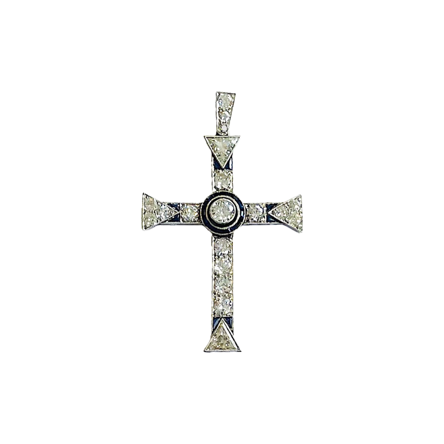 Edwardian Platinum & 18KT Yellow Gold Diamond & Sapphire Cross Pendant front