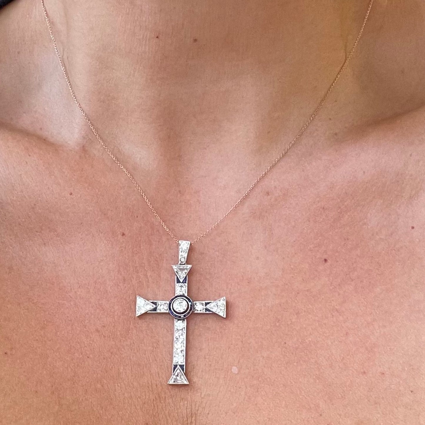 Edwardian Platinum & 18KT Yellow Gold Diamond & Sapphire Cross Pendant worn on neck