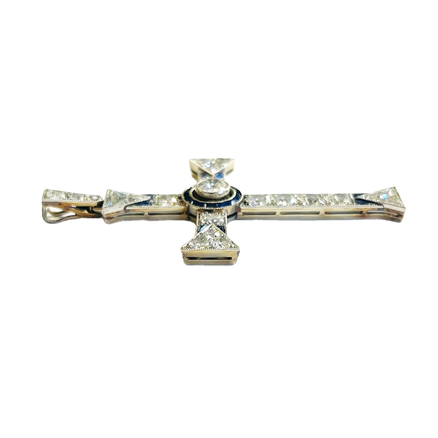 Edwardian Platinum & 18KT Yellow Gold Diamond & Sapphire Cross Pendant side